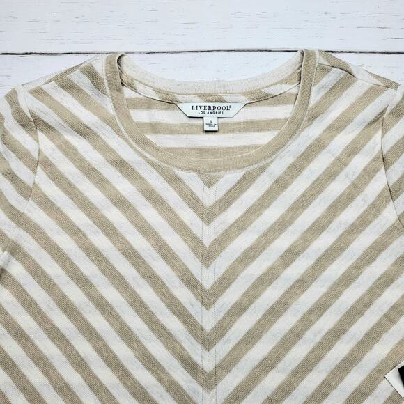 Liverpool Chevron Crewneck Tee Shirt Short Sleeve Top Stripe Beige White Small - Picture 5 of 8
